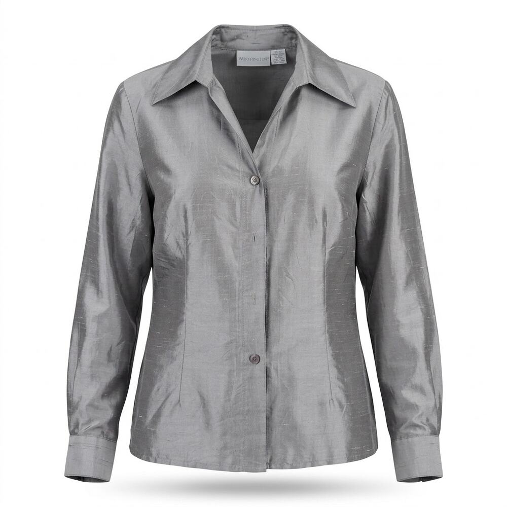Worthington 100% Silk Gray Collared Button Blouse Women Petite Size PL
